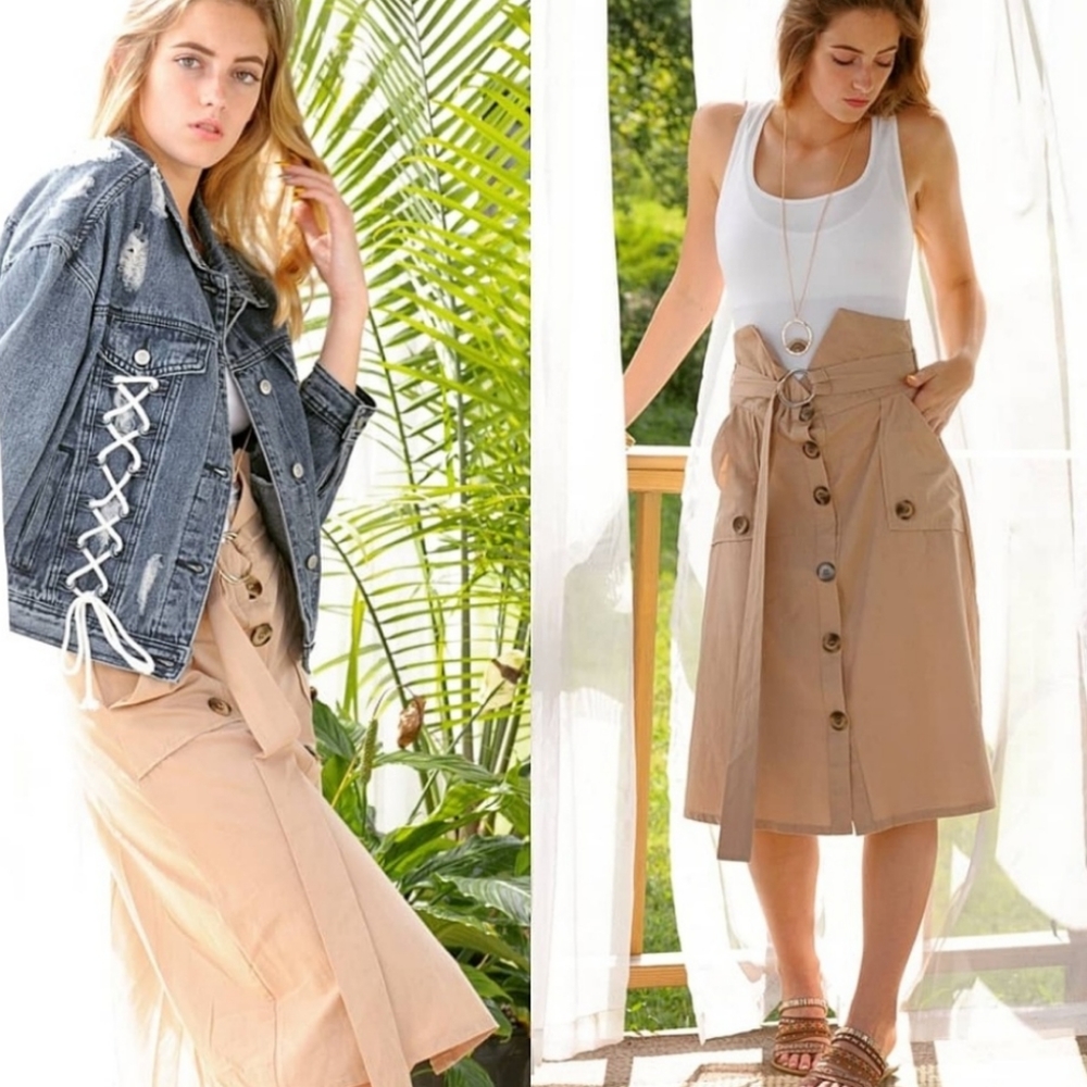 High Waist Belted Khaki Midi Skirt - Picture 3 of 3
